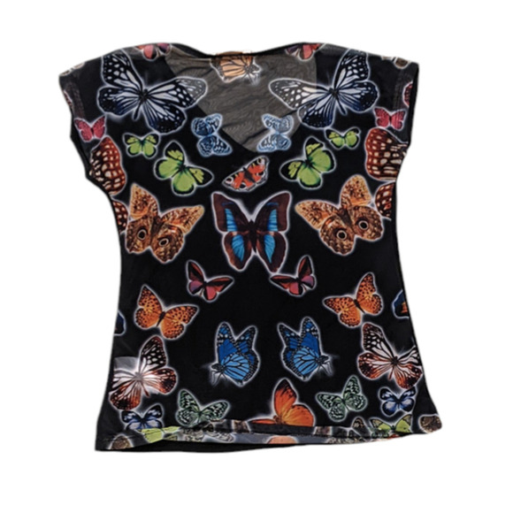 Vazzo Butterfly Shirt 90s Y2K Inspo Mesh Back Solid Front Rhinestone Butterfly M - Picture 2 of 8